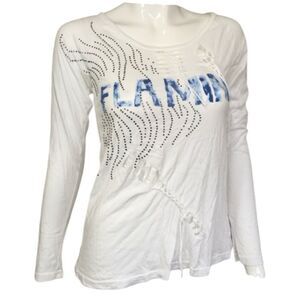 ANAMA Y2K Flamin White Rhinestone Long Sleeve Distressed Graphic T-Shirt M